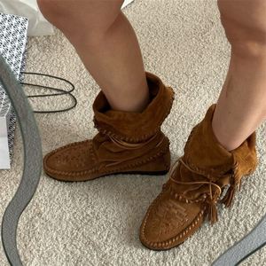 Women's 2025 Autumn New Ankle Square Toe Retro Woven Real Leather Flat Slip-On Tassel Lightweight Western Slouch <b>Boots</b> - Product Image 1