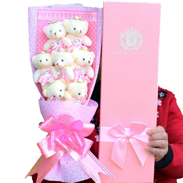 Cartoon Plush Teddy Bear Flower Bouquet with PP Cotton Filling Pretty Pink Soft Customizable Valentine's Day Gift for Lovers