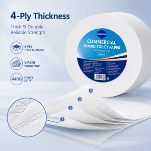 Papier toilette commercial OEM ODM, 6 rouleaux, 4 plis, pâte de bois vierge, 440g, rouleau jumbo, 200mm de diamètre, haute absorption, mouchoirs doux - Product Image 4