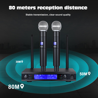 Sistem Mikrofon Genggam Nirkabel Profesional UHF, Mikrofon Jangkauan 80m Plug and Play untuk Karaoke, Pidato, Acara Rumah, Grosir
