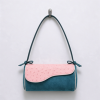 Sac à bandoulière élégant et chic pour femme, en cuir d'autruche gaufré motif vague, couleur Teal et Blush, avec sangle nouée, personnalisable OEM