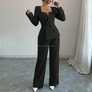 Ensemble <span class=keywords><strong>tailleur</strong></span> élégant 2 pièces <span class=keywords><strong>pour</strong></span> femme avec logo personnalisé, veste courte à col carré et taille cintrée, <span class=keywords><strong>pantalon</strong></span> taille haute coupe droite - Product Image 4