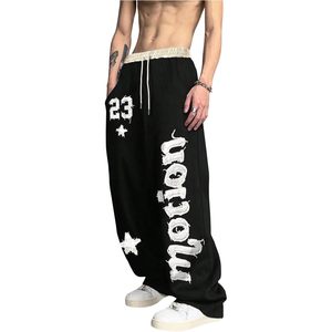 FOXA Pantalon de survêtement ample pour homme, respirant, 100% coton, avec motif lettres, taille à cordon, taille basse, style Y2K, avec poches - Product Image 1