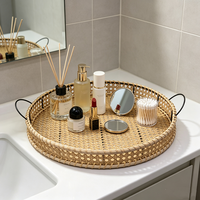 Panier de rangement rond en rotin naturel tressé à la main avec poignée pour fruits et dim sum, plateau de rangement pour bureau