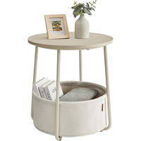 Petite table d'appoint ronde, table de chevet moderne avec panier en tissu, blanc mat et brun camel