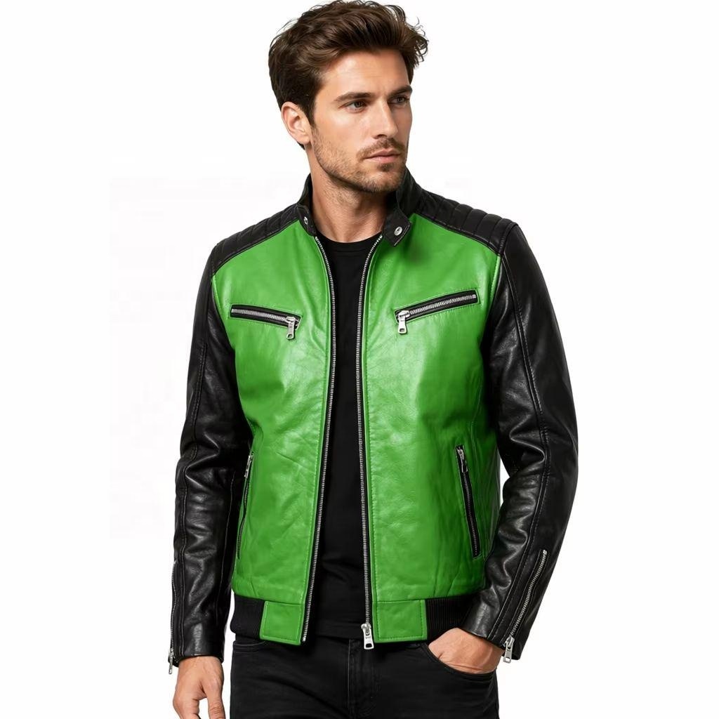 Power Punch Custom Color Block Cafe Racer Jacket OEM Top Grain Cowhide Diamond