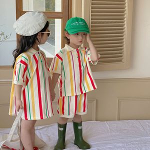 Ensemble tricoté rayé en coton délavé à l'enzyme style coréen pour filles (chemise-robe) <span class=keywords><strong>et</strong></span> garçons (short à manches courtes) - Product Image 1
