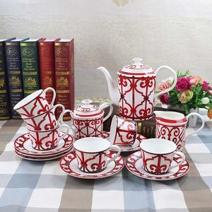 Juego de Té y Café de Porcelana Fina con Decoración Artística Tradicional de Papel Rojo, de Lujo y Alta Gama - Product Image 1
