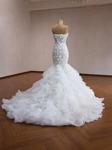 Robe de mariée sirène blanche Ocstrade Princess en tulle moelleux, corset satiné <span class=keywords><strong>à</strong></span> épaules dénudées, volants floraux 3D et longue traîne pour mariée 2026 - Product Image 4