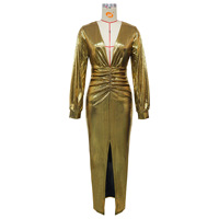 Robe longue métallisée brillante pour femme, col en V profond, manches longues, froncée sur le devant, fendue, moulante, pour soirée et cérémonie
