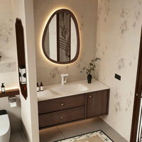 Ensemble de meuble-lavabo de salle de bain de style mi-ancien, couleur noyer, lavabo intégré en pierre frittée thermoformée, personnalisable