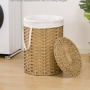 Panier de rangement rond en osier tressé à la main avec couvercle pour la lessive, la salle de bain, organisateur anti-poussière - Product Image 2