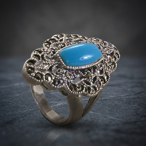 Bague Art Palace Vintage en turquoise synthétique et argent sterling 925, avec superbes marcassites, pour mariage et soirée, évaluation tierce partie - Product Image 3