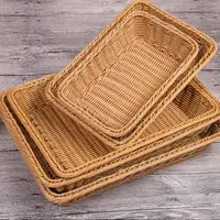 Cesta de vime retangular de superfície, cesta feita à mão, durável, marrom, frutas e vegetais, plástico, rattan, cesta de pão, cesta de armazenamento pequena