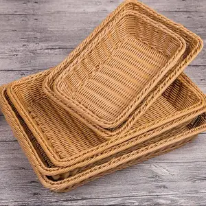 Handmade durable supermarket rectangle brown fruit and vegetable plastic rattan basket display bread basket small storage basket