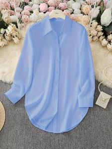 Chemise décontractée d'été pour femmes, respirante, coupe ample, manches longues, unie, simple, douce, tendance, ourlet fendu, surdimensionnée, chemisier de travail OL - Product Image 5