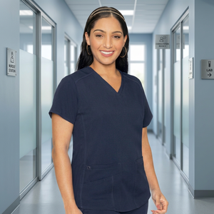Haut de blouse médicale pour femme, bleu marine, col en V, manches courtes, avec poches, uniforme d'hôpital, tricoté, respirant, confortable, extensible, avec détection d'aiguilles - Product Image 2