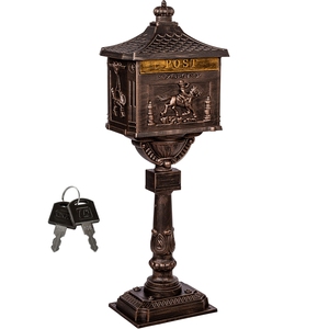Buzón de Jardín de Aluminio Fundido con Puerta de Seguridad, Acceso por Pedestal y Cerradura con Llave de Estilo <span class=keywords><strong>Antiguo</strong></span>, Acabado Negro Frontal - Product Image 1