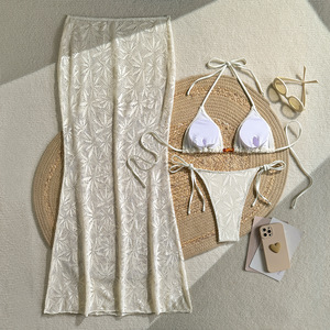 Floral Crochet 3 Piece <b>Bikini</b> Set Triangle Halter Tie-Side Swimsuit Maxi Cover-Up <b>Skirt</b> Women Beach Front Quick-Dry Wholesale - Product Image 2