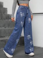 Celana Jeans Wanita Model Lurus Longgar dengan Bordir dan Motif Cetak Kasual Chic OEM Pabrik untuk Gaya Jalanan Wanita