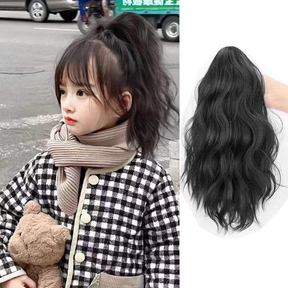 Cute children's wavy ponytail - clip style [natural black] 30cm
