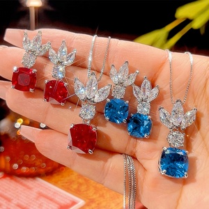 Ensemble de bijoux pour femmes en cuivre écologique, design haut de gamme, zircone cubique bleue 12*12-10*10mm, ensemble de bijoux assorti - Product Image 2