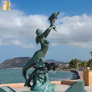 Lebensgroße Gartens kulptur Bronze Meerjungfrau und Delphin Statue