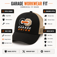 Gorra de béisbol de 6 paneles de poliéster/algodón con malla trasera, marca privada, negra, con bordado de insignia Sand Garage, ajustable, lista para venta al por menor