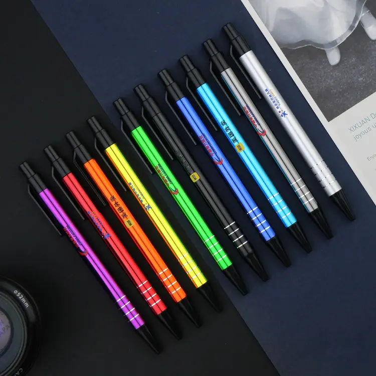 Hoge Kwaliteit Metallic Textuur Heldere Kleuren Slanke Vorm Pers Pen Met Aangepaste Logo