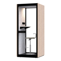 Cabine de bureau moderne en bois Comine 2026 S pour une personne, insonorisée, acoustique, avec ventilation et éclairage LED, pour usage scolaire ou en entrepôt