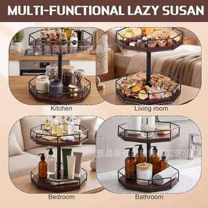 Double Layer <b>Rotating</b> Wooden Storage <b>Rack</b> With Metal Frame For Kitchen <b>Spices</b> And Grains - Product Image 4