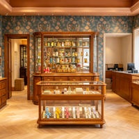 Vitrine à parfums vintage en bois massif sur mesure avec éclairage LED et design écologique pour usage professionnel en boutique de détail