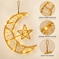 Décoration de Ramadan : Petite lune croissante et étoile lumineuses en métal à suspendre, avec cadre en fil d'or tressé, LED blanc chaud, piles AA, pour décoration intérieure.
