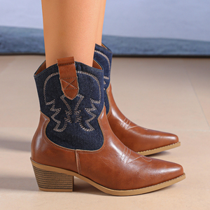Botines de mezclilla con punta en pico y bordados, tacón grueso, venta directa de fábrica para mujer, botines vaqueros estilo western. - Product Image 6