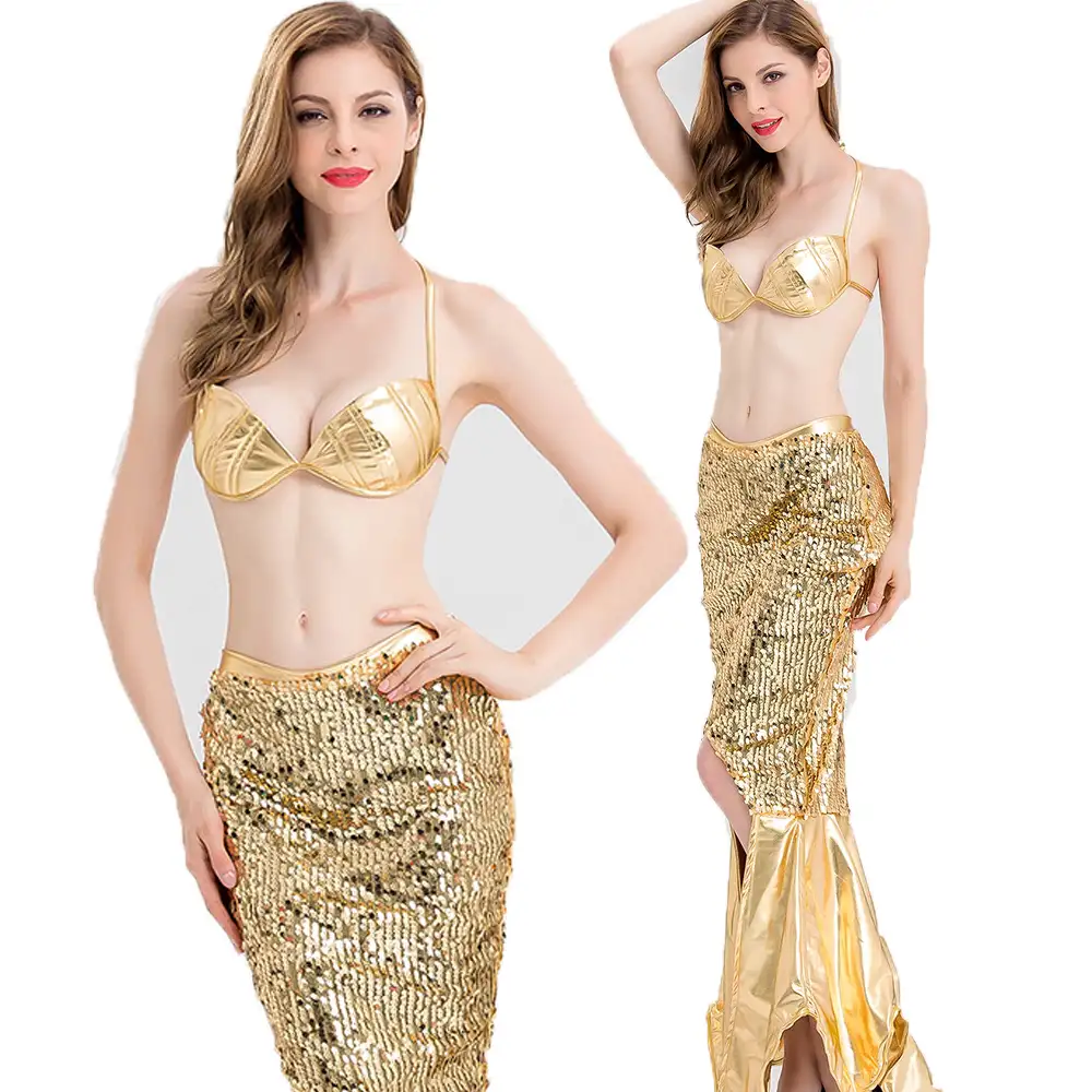 Altın renk Mermaid performans elbise kadınlar için oryantal dans sahne