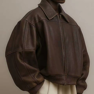 Full Zip up Turn Down Neck Vintage Casual Long Sleeve Oversized Baggy <strong>Brown</strong> <strong>Leather</strong> <strong>Jacket</strong> Boxy Bomber Pu <strong>Leather</strong> <strong>Jacket</strong> - Product Image 1