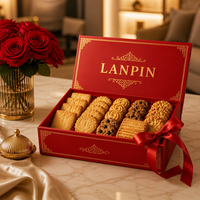 Coffret Cadeau Carré Rouge Luxueux pour Biscuits, Personnalisé avec Bordure Dorée Imprimée, Nœud en Ruban de Satin, Insert à Compartiments, Doublure en Éponge, Idéal pour les Fêtes et les Aliments