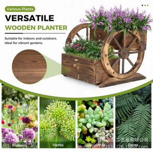 Chariot à fleurs en bois massif pour jardin extérieur, cour, balcon, design rustique, sur pieds, à deux niveaux, avec roulettes - Product Image 3