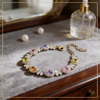 Bracelet pour femme ultra-brillant en zircon coloré, motif ovale-fleur, plaqué or, style luxe léger, haut de gamme, incontournable pour l'été