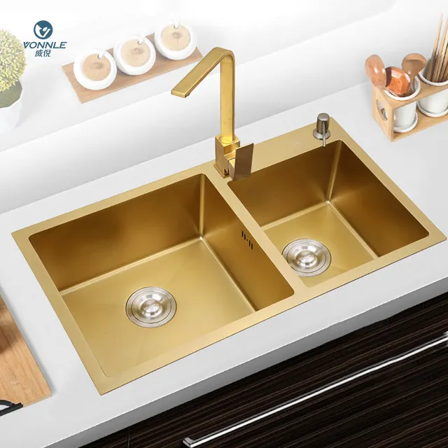 Maliyet-etkin büyük çift yuvası altın mutfak lavaboları lavabo mutfak 304 paslanmaz çelik modern lavabo