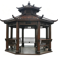Kit de pavillon hexagonal en bois avec bancs intégrés, gazebo hexagonal en bois massif avec toit en pagode à double niveau