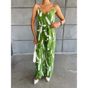 Elegante Mono Verde con Estampado Blanco, Cuello en V, Tirantes, Cintura Alta, Sin Mangas, Satinado, Ropa de Calle Moderna para Mujer, Transpirable - Product Image 4