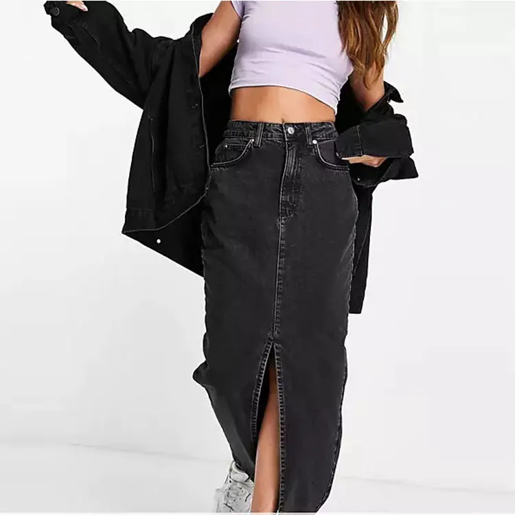fashion summer midi skirt high vent organic cotton blend denim jeans maxi skirts
