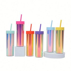 Gobelet en acrylique transparent à double paroi avec couvercle plat et paille, effet boule à neige, paillettes, personnalisable (OEM/ODM) - Product Image 1