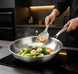 Poêle à frire FLEY en acier inoxydable épaissi non revêtu, fond plat, pour cuisinière à gaz, cuisinière à induction, cuisine domestique - Product Image 3