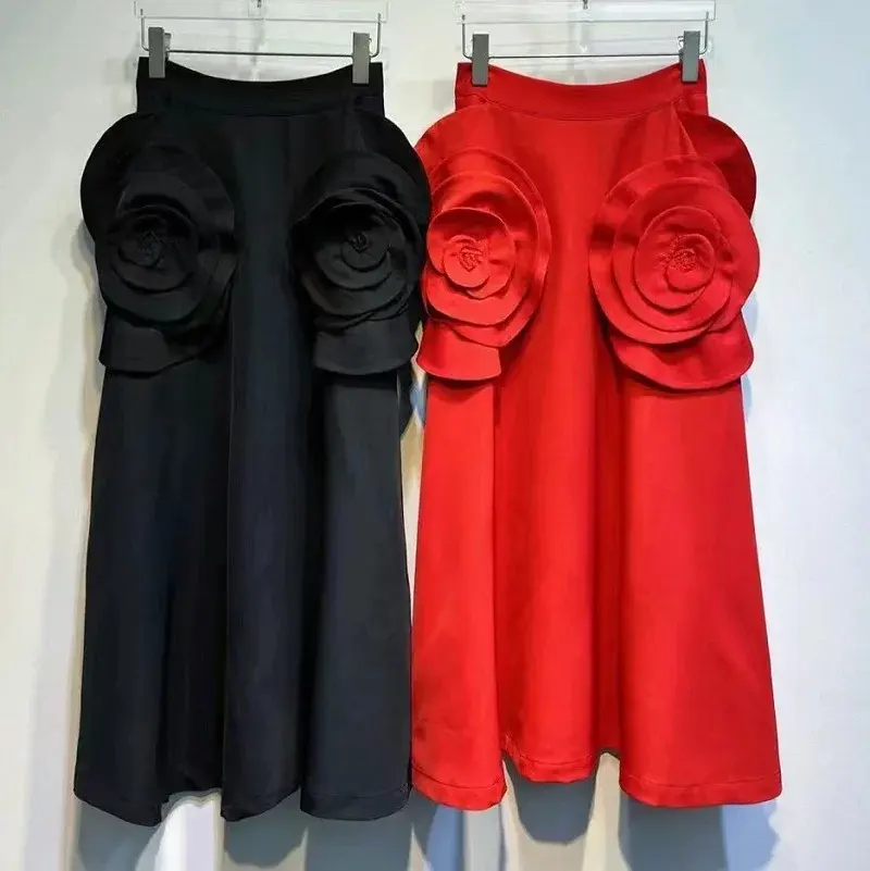 High Quality New Long Skirts 2024 Spring Summer Style Women Hand Made Flower Deco Big Swing Party Elegant Red Black Club Skirt