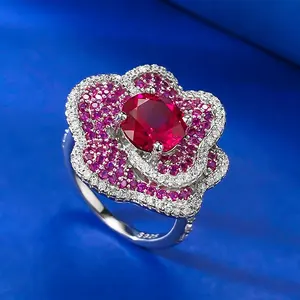 Cincin pertunangan bunga Rubi zirkon, cincin pertunangan perak murni 925 untuk wanita
