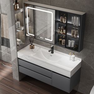 Modern Nordic style rock slab ceramic seamless integrated basin intelligent lighting defogging <b>mirror</b> bathroom cabinet - Product Image 1