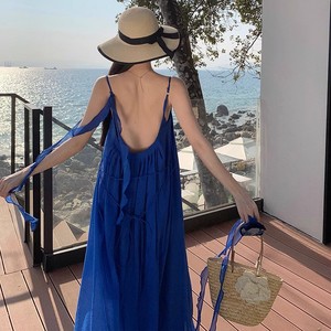 Klein Blue Chiffon <b>Spaghetti</b> <b>Strap</b> Pencil Silhouette Maxi Dress Loose Backless Breathable Holiday Beach Vacation Women's Casual - Product Image 3