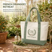 Sac fourre-tout en toile personnalisé avec broderie couronne de lauriers, vert sauge, sac à main bateau avec poche avant pour mariage, douche nuptiale, vacances